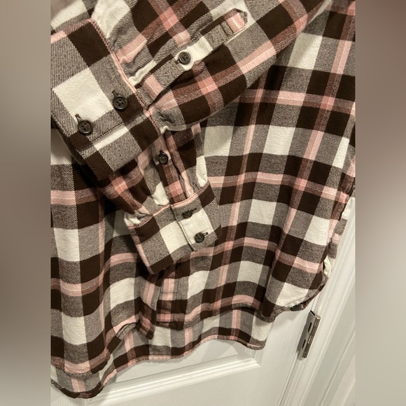 Lands End Size M Brown Pink Cotton Flannel Button Collarless Tunic Top Pockets - Picture 4 of 12